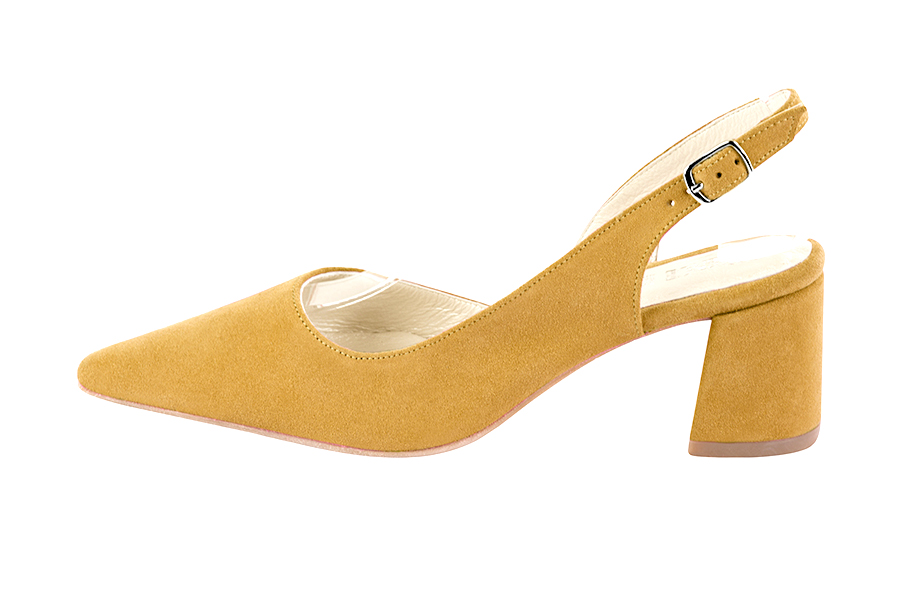 , coloris jaune ocre. Bout pointu. Mi-haut à haut. Talon évasé. Cérémonie, soirée, cocktail, évènementiel. Personnalisation : Choix des cuirs, 
                des couleurs et des talons. Petites et grandes pointures. - Florence KOOIJMAN